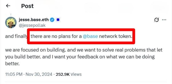 The image features a white background with a message posted by Jesse Pollak on Twitter about base tokens. The message is in red text that stands out against the backdrop of the photo, emphasizing the main point. It appears to be an update or explanation related to the base token. This content can be considered informative and engaging for users interested in cryptocurrency or other digital assets.