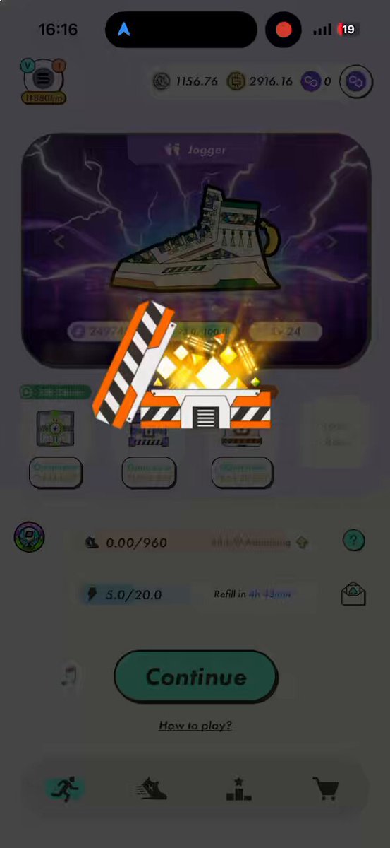 The image shows a phone screen with an advertisement for a game called "Amazingly Lucky". The main focus of the ad is a pair of sneakers, which are displayed prominently against a purple background. The sneakers have a yellow sole that stands out from the rest. The text on the screen reads "Amazingly Lucky today !!! Chance MB9 on #POL #stepn", indicating that there's an ongoing game or challenge related to the sneakers featured in the ad.