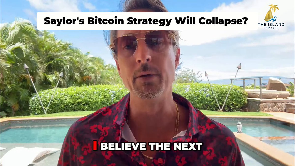 The image features a man wearing sunglasses, standing near a pool with palm trees behind him. He appears to be talking about Bitcoin strategy or a Bitcoin collapse event. Below his head, there's text that reads "Saylor's Bitcoin Strategy Will Collapse? The Deep State Plan". This suggests that the man is discussing the potential collapse of Bitcoin and its implications for the financial world.

The image also includes a watermark at the bottom that says "THE ISLAND".