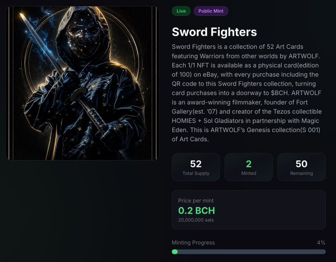 Mint page for 'Sword Fighters' NFT collection (Live/Public Mint), a 52 Art Card collection featuring Warriors from other worlds by ARTWOLF on BCH blockchain. Stats show 52 Total Supply, 2 Minted, 50 Remaining, priced at 0.2 BCH (20,000,000 sats) with 4% minting progress.