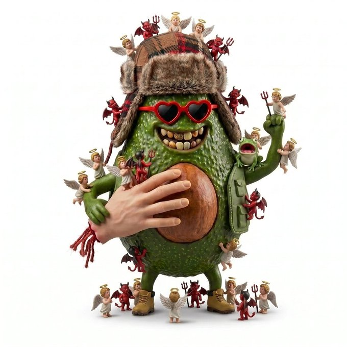 A whimsical 3D illustration of a green avocado character wearing a furry trapper hat with red plaid, heart-shaped sunglasses, a green utility vest, and tan boots, holding a brown avocado pit while surrounded by small angel and devil figurines.
