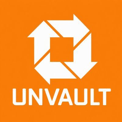 The UNVAULT logo on an orange background features a white geometric symbol of four arrows arranged around a central square.
