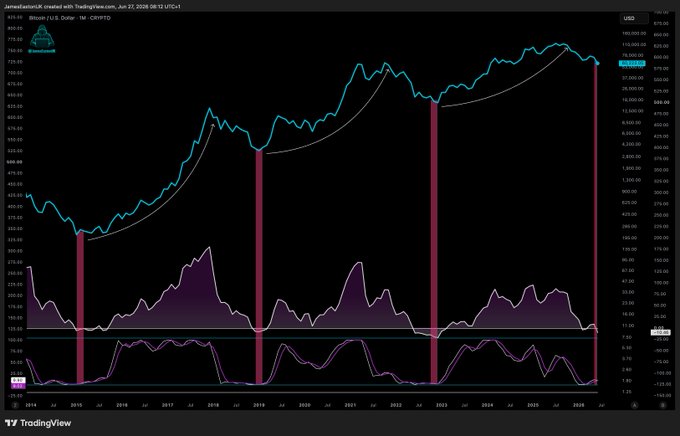 A TradingView weekly chart of Bitcoin (BTC/USD) from January 2014 to present, showing price climbing from ~$300 to highs near $100,000, with three prominent historical bottoms (2015, 2018, 2022) marked by red vertical bands that form an ascending pattern. The chart visually supports the post's claim that each successive BTC bottom has been higher than the last, with the latest consolidation suggesting the beginning of a major accumulation phase.