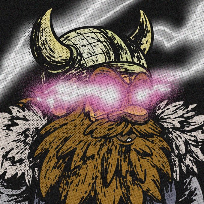 A comic-style illustration depicts a fierce viking warrior with a horned helmet, glowing pink eyes, and a thick golden beard against a lightning-filled sky.