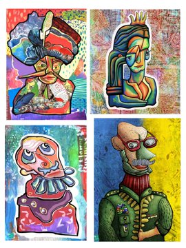 Four colorful, stylized portraits of figures with abstract and cubist features arranged in a grid.