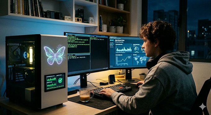 The image shows a man sitting at his desk with two computer monitors, one of which has a butterfly design on it. The man appears to be working or using the computers for some purpose. There are also several books scattered around the room, indicating that he might be engaged in research or studying. A cup is placed nearby, suggesting that the man may have been drinking while working at his desk.
