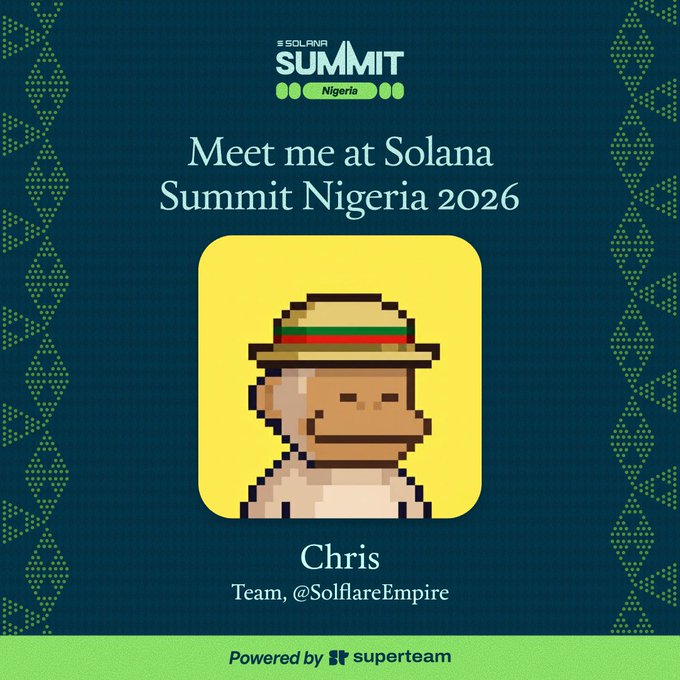 Promotional poster for Solana Summit Nigeria 2026 featuring a pixel art monkey character named 'Chris' (@SolflareEmpire), powered by superteam.