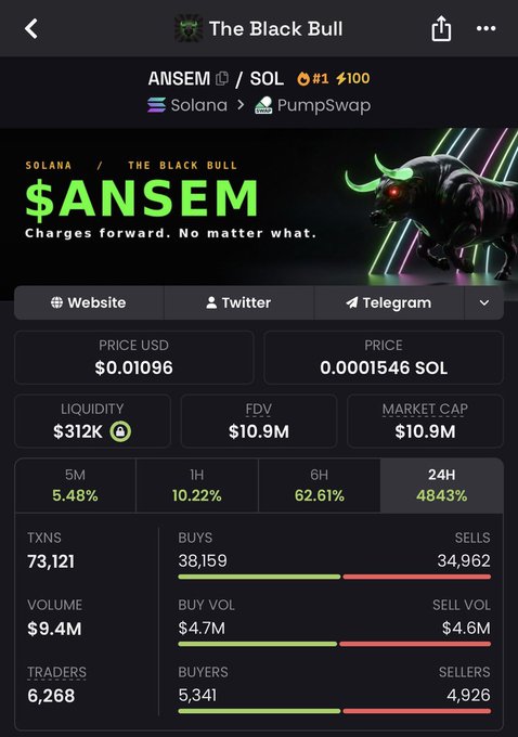 The image shows a cryptocurrency tracker page for the token "ANSEM" on Solana, branded as "The Black Bull," with a tagline reading "Charges forward. No matter what." Key metrics include a price of $0.01096, market cap of $10.9M, and an impressive 4843% gain over 24 hours with 73,121 transactions. This supports the post's bullish claim of an 89x return on the Ansem call, highlighting the token's rapid surge in value and trading activity.