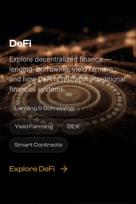 A sleek DeFi-themed mobile interface featuring the heading "DeFi" with descriptive text about decentralized finance, including category tags for "Lending & Borrowing," "Yield Farming," "DEX," and "Smart Contracts," alongside an "Explore DeFi" call-to-action button—all set against an abstract glowing circular pattern. The image visually complements the post's message by serving as a gateway to understanding DeFi concepts like pools, DEXs, and staking that XRP holders should familiarize themselves with before participating.