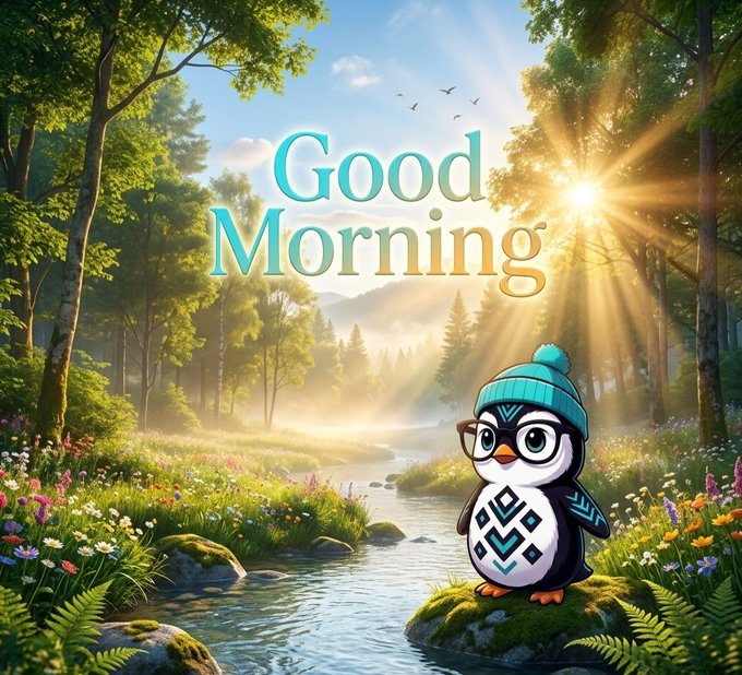 The image features a cartoon penguin sitting on rocks near a river with flowers surrounding it. The text "Good morning X Been messing with Tria lately" is written above the penguin, and there are also words "Good morning" and "Morning" in the image. The background of the image shows trees and a sunlit sky, creating a serene atmosphere for the scene.