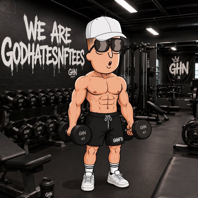 A cartoon illustration of a muscular man in a gym lifting 'GHN 40' dumbbells, with a wall reading 'WE ARE GODHATESNFTEES GHN'.