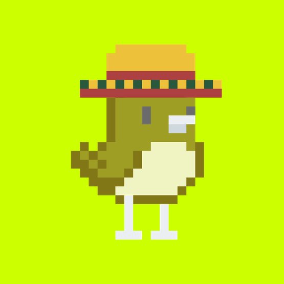 Pixel art illustration of a small green bird-like creature wearing a sombrero with red and green stripes, standing against a solid lime green background.