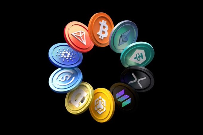 A circular arrangement of 3D-rendered cryptocurrency coins including Bitcoin, Ethereum, Tron, Cardano, Solana, Dogecoin, and others against a black background.