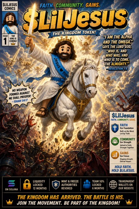 Comic-style promotional poster for 'LILJESUS' cryptocurrency token featuring a Jesus figure riding a white horse with a sword, displaying text like 'THE KINGDOM TOKEN', 'FAITH. COMMUNITY. GAINS.', and 'ON SOLANA'.