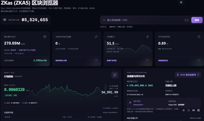 A ZKas (ZKAS) blockchain explorer dashboard in Chinese, displaying metrics including 270.09M accumulated tokens, 51.5 PNS computing power, and a daily transaction chart.