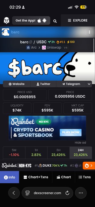 A mobile screenshot shows the DexScreener app displaying data for the '$barc' token, including a price of $0.0005955, a 24H change of 23,426%, and an advertisement for 'Rainbet' crypto casino.