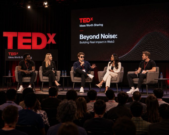 A panel of five speakers sits on stage at a TEDx event titled "Beyond Noise: Building Real Impact in Web3," reflecting the post's observation about networking and meeting people at Web3 events. The audience faces the stage where the speakers, wearing lanyards, engage in discussion under the event's tagline "Ideas Worth Sharing."