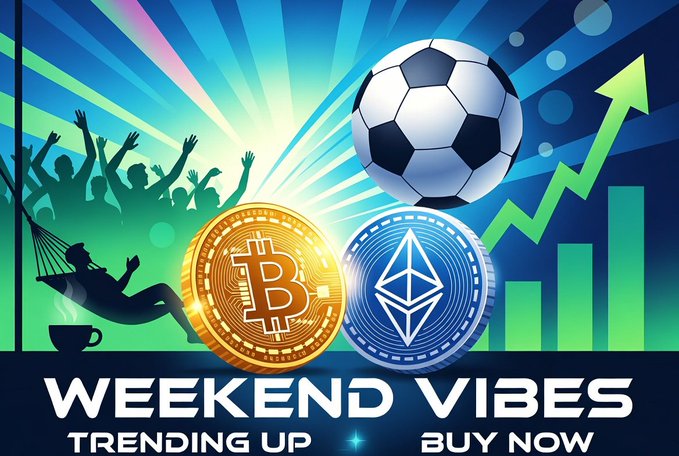 A vibrant promotional graphic featuring Bitcoin and Ethereum coins alongside a soccer ball, cheering crowd silhouettes, and an upward-trending chart, with the text "WEEKEND VIBES - TRENDING UP - BUY NOW" — visually capturing the post's blend of crypto trading enthusiasm and World Cup weekend energy.