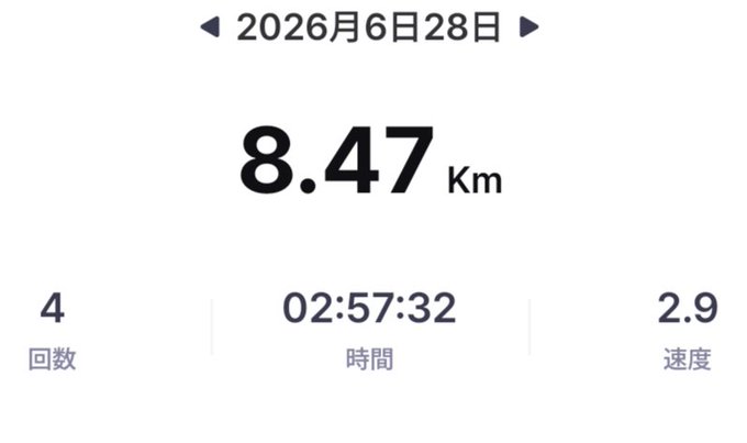 Fitness tracking app screenshot dated June 28, 2026, showing a workout distance of 8.47 km completed in 02:57:32 with 2.9 km/h average speed.