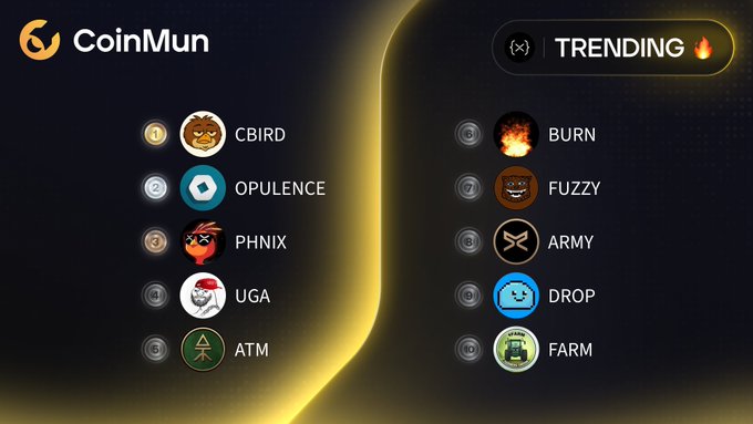 A dark graphic titled 'CoinMun' displaying a 'TRENDING' list of meme coins, with CBIRD at #1 and OPULENCE at #2.