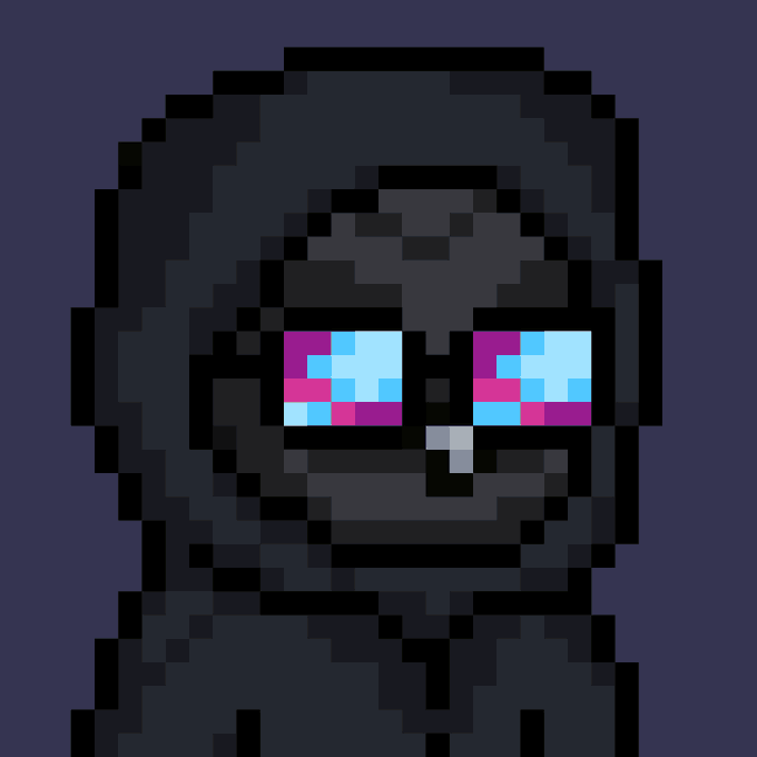 A pixel art portrait of a dark, hooded figure wearing sunglasses with bright pink and blue pixelated lenses that reflect a landscape, set against a dark blue background.