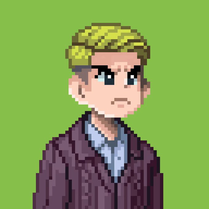 Pixel art portrait of a sad-looking person with blonde curly hair wearing a purple cardigan against a green background.