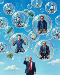 The image features a man standing next to bubbles that are floating around him, with one bubble containing a robot and another containing an adult male wearing glasses. The bubbles also contain various objects such as books and a computer mouse. The background of the image is blue sky with clouds. The caption below the image reads "Bubbles of Dream" and "Bubbles of Trump".