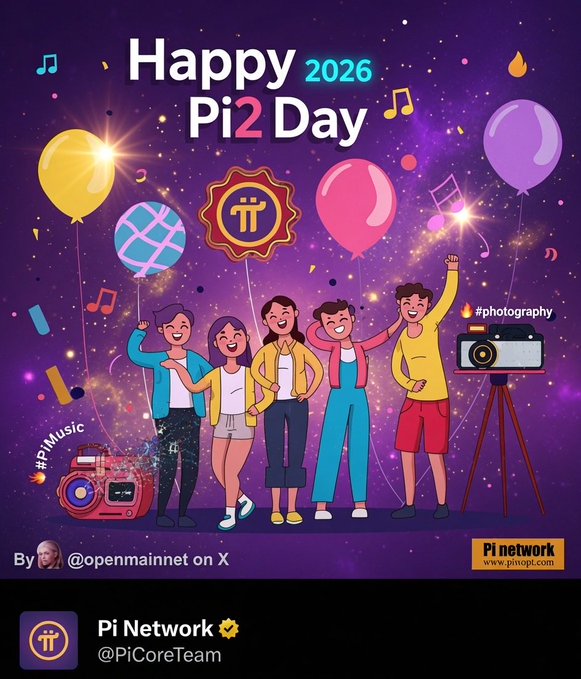 The image features a cartoon illustration of a group of people gathered together with balloons, surrounded by a purple backdrop that includes stars. The text above the group depicts "Happy Pi2Day 2016" with a special # Pi Network hashtag added, indicating the event is specifically for Pi enthusiasts and supporters. Another hashtag (# PiNetwork) is displayed at the bottom of the image, suggesting an online platform or social media community centered around the Pi network.