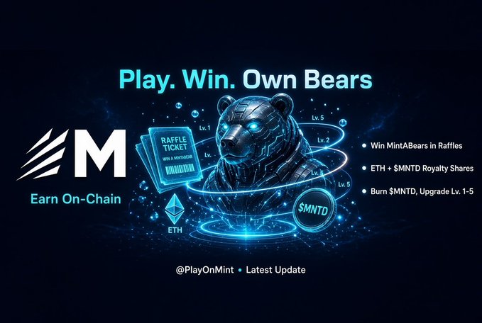 A promotional graphic for 'Play. Win. Own Bears' featuring a glowing blue digital bear, raffle tickets, and text promoting ETH + $MNTD Royalty Shares by @PlayOnMint.