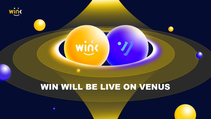 This image features a logo with two yellow balls against a dark blue background, accompanied by text that reads "WINkLink will be live on Venus" at the bottom of the image. The connection between this logo and the ongoing TRON ecosystem discussion is unclear without additional context. It could potentially be related to cryptocurrency mining or a new technology gaining traction within the community.