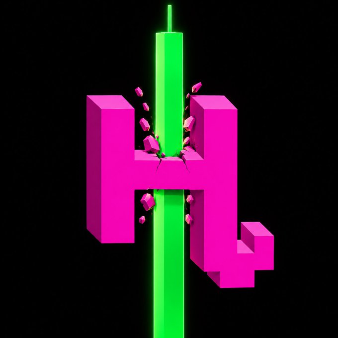 A 3D-rendered graphic of a pink letter 'H' being pierced vertically by a glowing green beam on a black background, with small pink fragments scattering from the impact point.