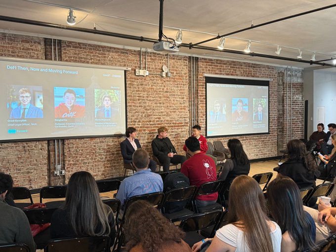 A panel discussion titled "DeFi Then, Now and Moving Forward" featuring speakers Oved David (Co-Founder, Chief Legal Officer, Tech), Sergey (Sergey Kireye?), and Katt (??), addressing the importance of accessibility and trust in the DeFi space, aligning with the quoted statement about stablecoins and empowering everyday users.
