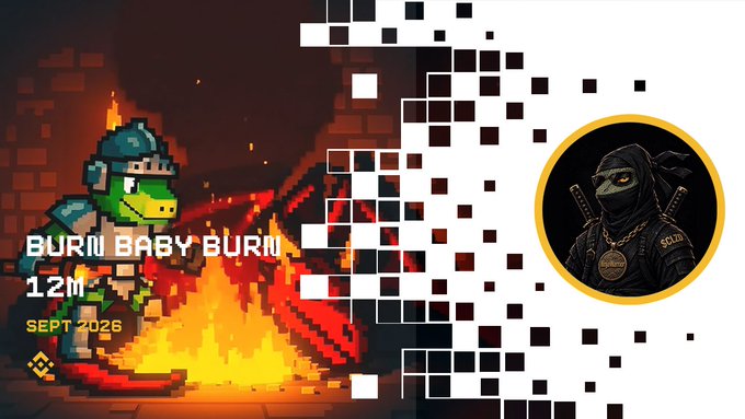A pixel art graphic features a green dinosaur character in flames with text reading 'BURN BABY BURN! 12M SEPT 2026' alongside a ninja profile logo.