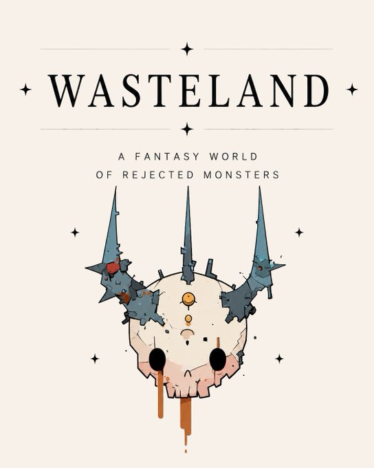 An illustrated book or game cover titled 'WASTELAND' with the subtitle 'A FANTASY WORLD OF REJECTED MONSTERS,' featuring a damaged horned skull with a sad face.