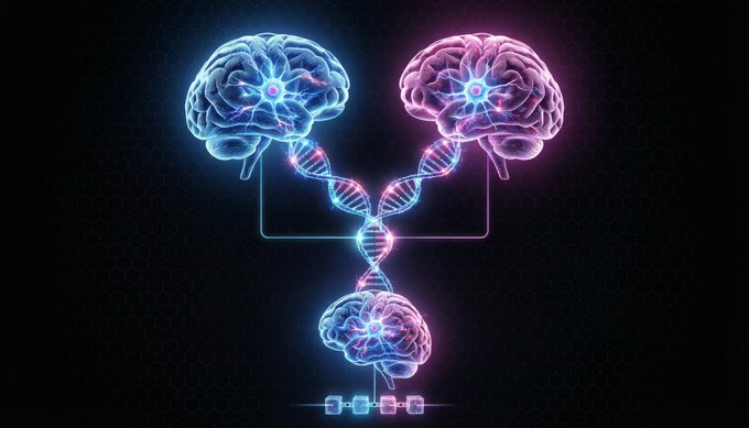 A digital illustration of three glowing brains (two larger ones on top in blue and pink, one smaller on the bottom) connected by neon DNA strands against a dark hexagonal patterned background.