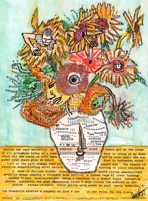 A vibrant, mixed-media illustration combining sunflower imagery with ASCII art, text snippets like 'STRATUS', 'CLOUDS', and poetic phrases including 'rattle the page and rattle my SUNRISE', with a signature reading 'HEXLEY' in the bottom right.
