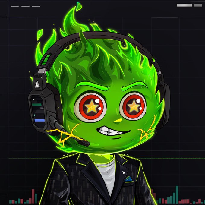 A cartoon-style illustration of a green flame-headed character with star eyes, wearing a gaming headset and a black jacket against a dark grid background.