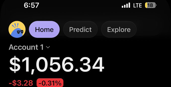 The image shows a mobile crypto portfolio screen displaying "Account 1" with a balance of $1,056.34, down $3.28 (-0.31%), with navigation tabs for Home, Predict, and Explore. The accompanying giveaway post is unrelated to the image content, as the screenshot doesn't mention any giveaway, contest, or the Twitter handle @chadscabal referenced in the post.
