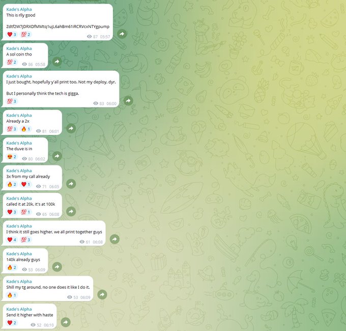A Telegram post from "Kade's Alpha" asking followers to engage with his post in exchange for being added to a Telegram airdrop group, promising $10 per engagement and noting that few slots remain. The image shows a series of chat messages from the same user encouraging engagement, with counts escalating from 2k to 140k views/engagements across posts about crypto airdrops and giveaways.