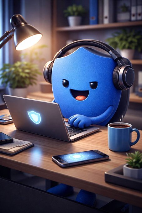 A cheerful blue cartoon character wearing headphones, working on a laptop with a shield logo at a desk with a coffee mug and smartphone in a cozy, plant-filled workspace.