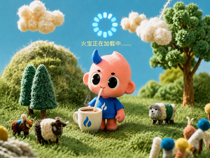 A whimsical 3D rendered scene of a baby-like character with a blue mohawk drinking from a mug with a straw, surrounded by fluffy sheep, a dog, and trees; Chinese text reads '火宝正在加载中……' (Fire Baby is loading…).