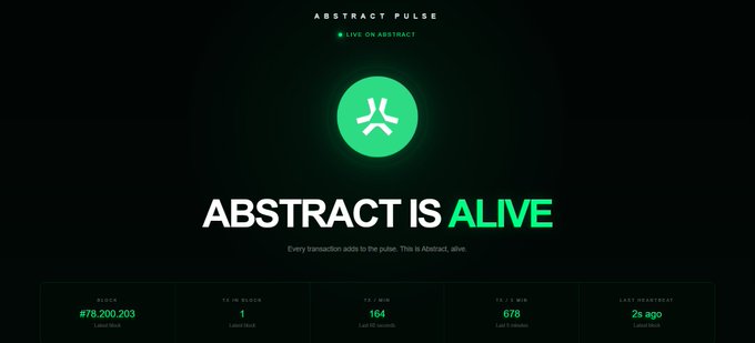 A screenshot of the 'ABSTRACT PULSE' website with the text 'ABSTRACT IS ALIVE' and stats including '#78,200,203 Total Blocks', '1 Latest Block', '164 Last 30 seconds', '678 Last 5 minutes', and 'Last Activity 2s ago'.
