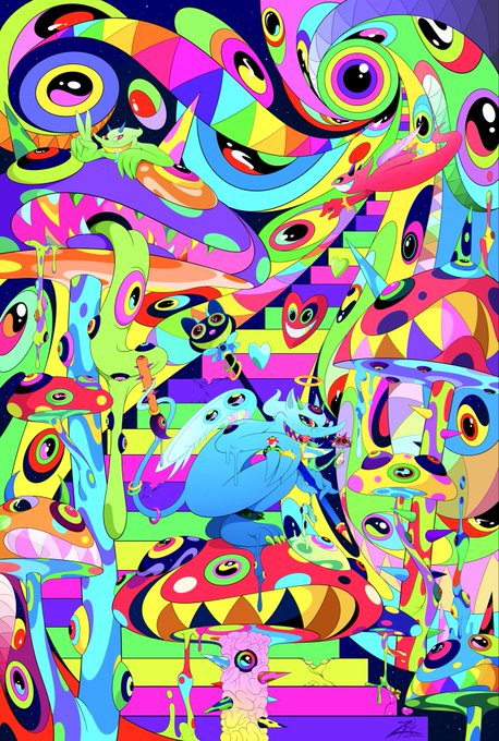 A vibrant, psychedelic digital illustration filled with surreal mushrooms, multiple eyes, and colorful dripping shapes.