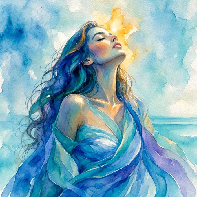 A watercolor painting of a woman with flowing blue and green hair, her head tilted back and eyes closed, bathed in warm golden light against a seascape background.