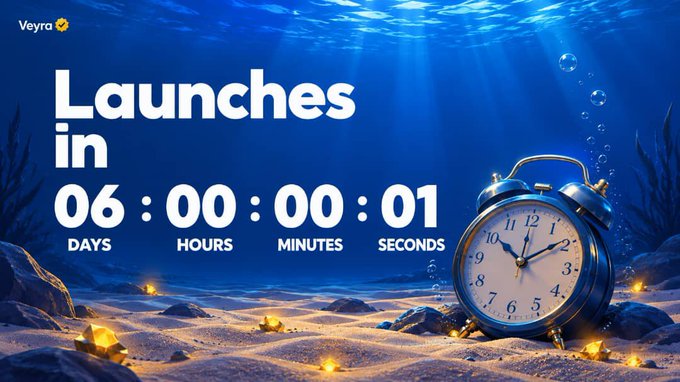 An underwater-themed countdown timer graphic for 'Veyra' showing '06 : 00 : 00 : 01' days, hours, minutes, and seconds until launch, with a vintage alarm clock resting on the sandy seabed.