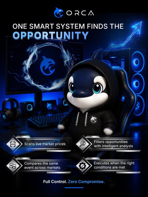 A promotional graphic for "ORCA" features a cartoon orca mascot in a hoodie seated at a gaming setup with glowing blue monitors and speakers, under the tagline "ONE SMART SYSTEM FINDS THE OPPORTUNITY." Four feature boxes highlight the system's capabilities: "Scans live market prices," "Filters opportunities with intelligent analysis," "Compares the same event across markets," and "Executes when the right conditions are met," with the bottom slogan "Full Control. Zero Compromise."