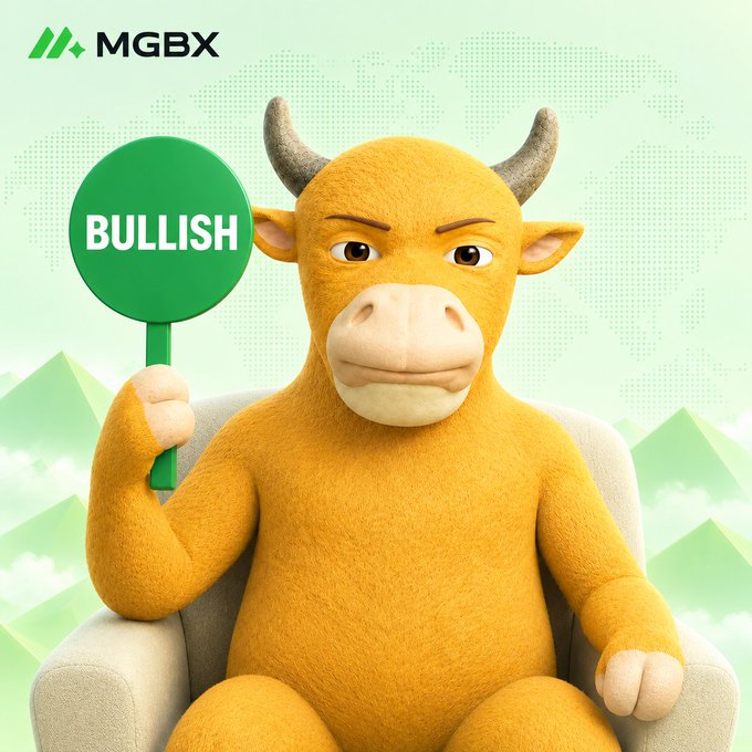 A 3D-rendered yellow bull character sitting in a chair and holding a green sign that says 'BULLISH', with the 'MGBX' logo in the top left corner.