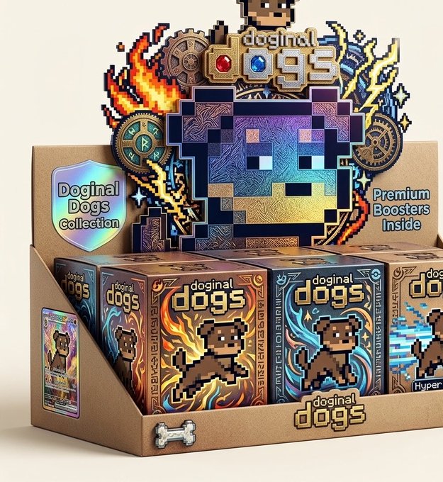 A display box of 'doginal dogs' collectible trading cards featuring pixel art dogs, labeled as 'Doginal Dogs Collection' with 'Premium Boosters Inside'.