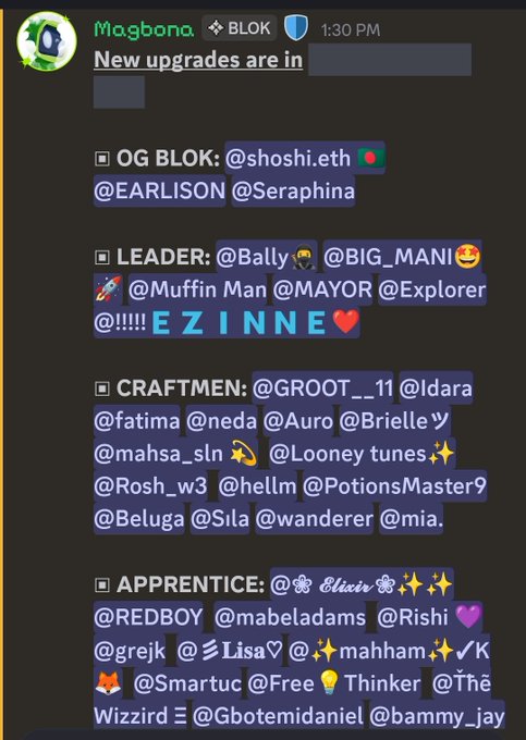 Telegram message from 'Ma.bona' in the BLOK group titled 'New upgrades are in', listing role assignments under categories: OG BLOK, LEADER, CRAFTMEN, and APPRENTICE, each with tagged members.