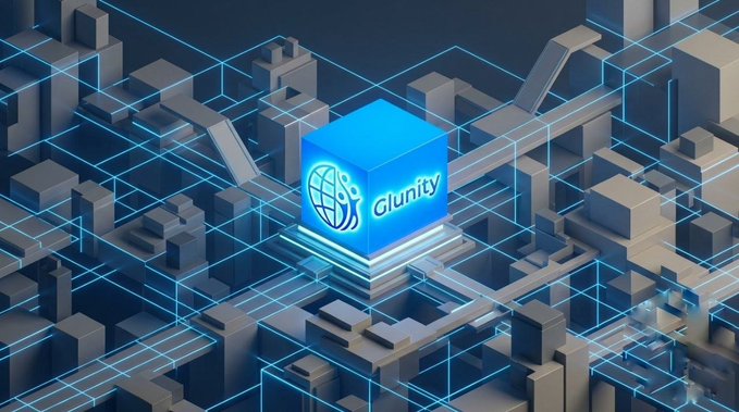 A 3D-rendered futuristic cityscape with a glowing blue cube displaying the "Glunify" logo at the center.